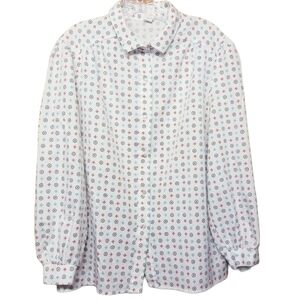 ILGWU | Vintage White Button Down Printed Blouse (Size Medium)